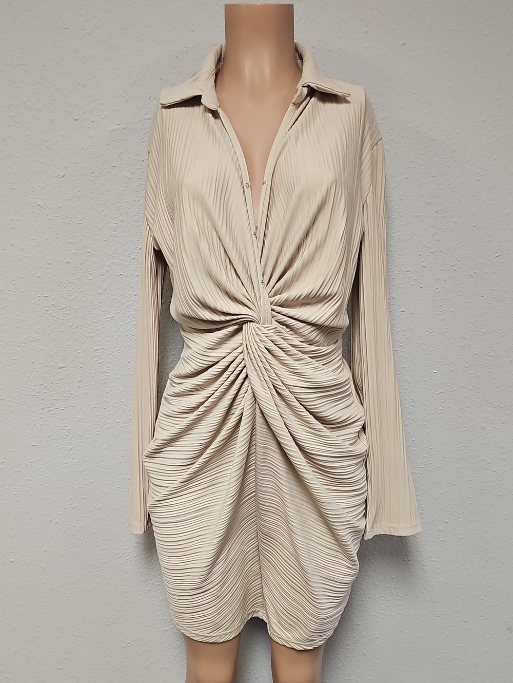 Twist-Front Long Sleeve Pleated Dress in Cream